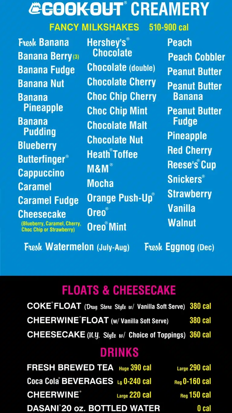 Cook Out Drinks & Floats menu